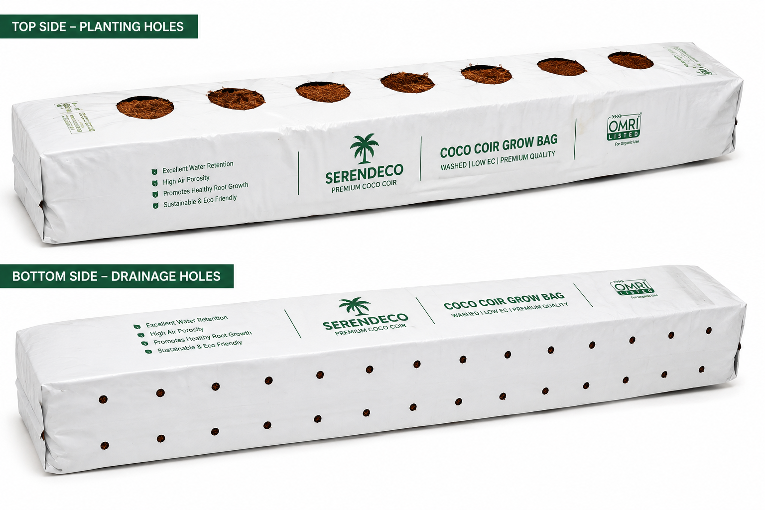 Commercial coco coir grow slab showing planting and drainage configurations