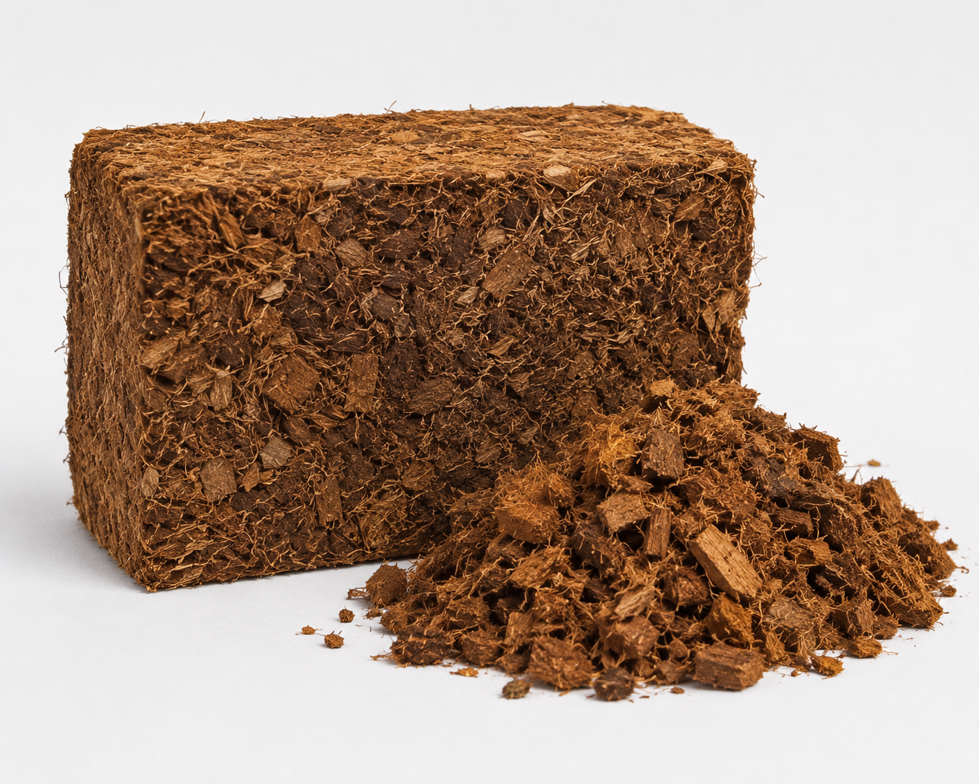 Compressed coco husk chip block with loose husk chips