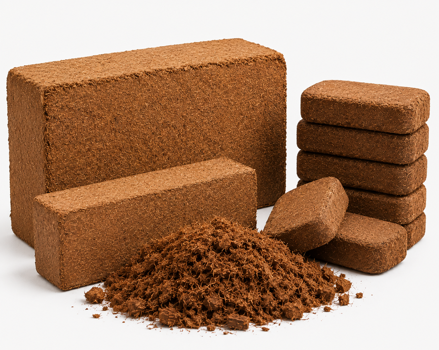 Coco peat blocks and briquettes with loose coco pith