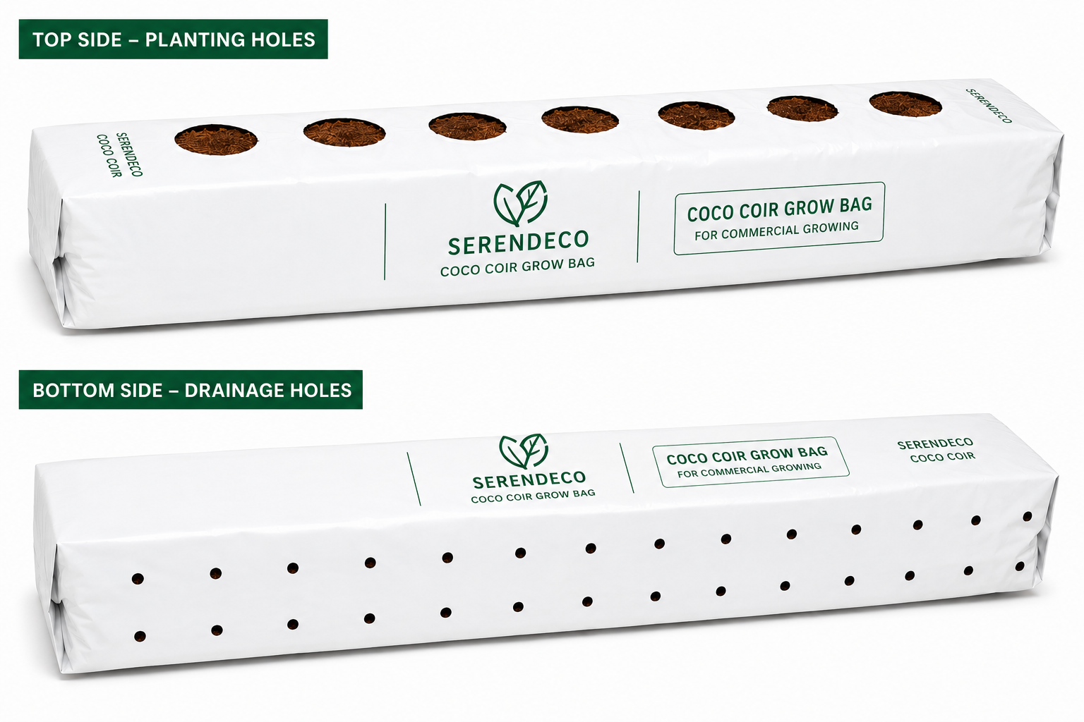 Serendeco commercial coco coir grow slab showing planting and drainage configurations
